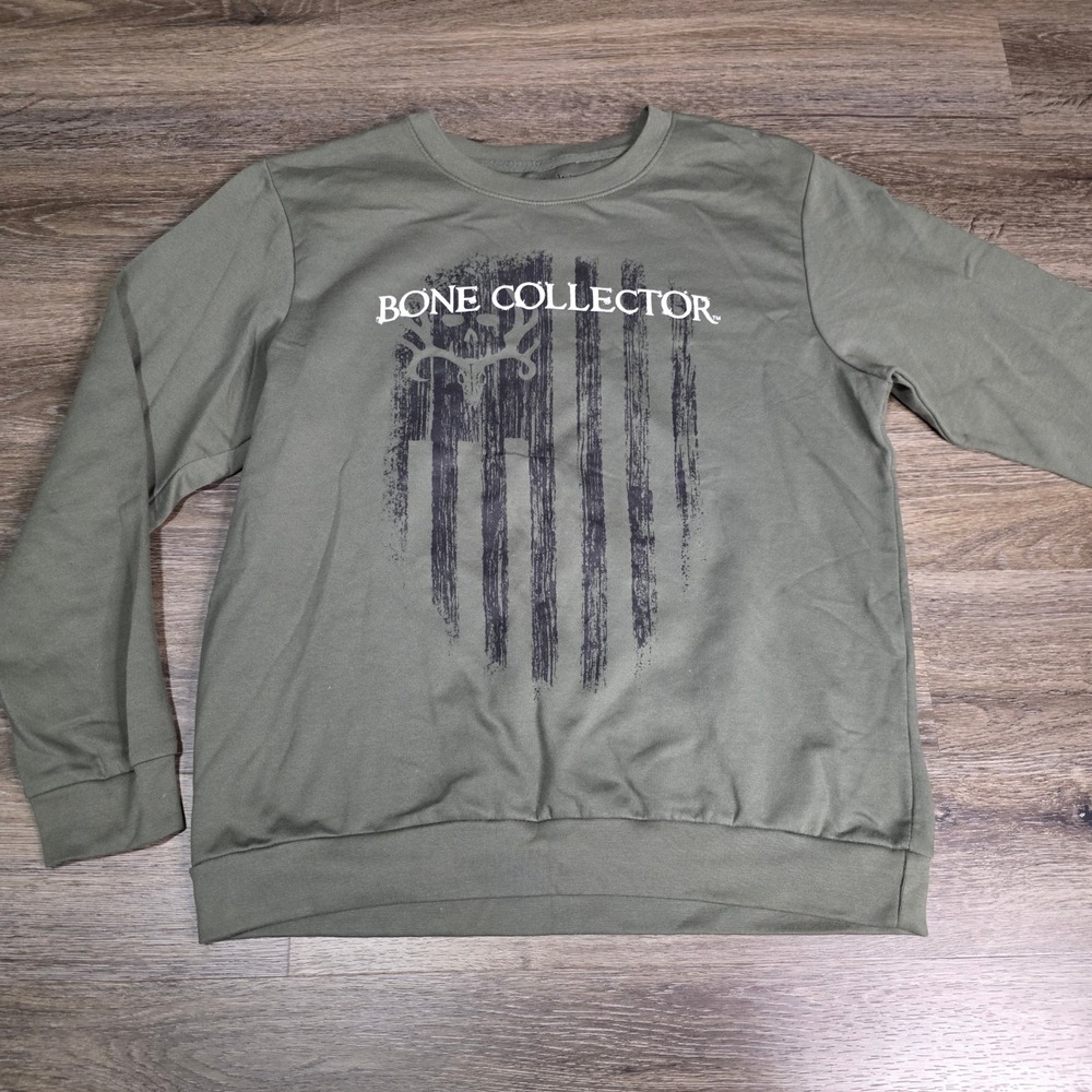 Bone Collector Mens L Sweatshirt Olive Green Distressed Flag Graphic Pullover